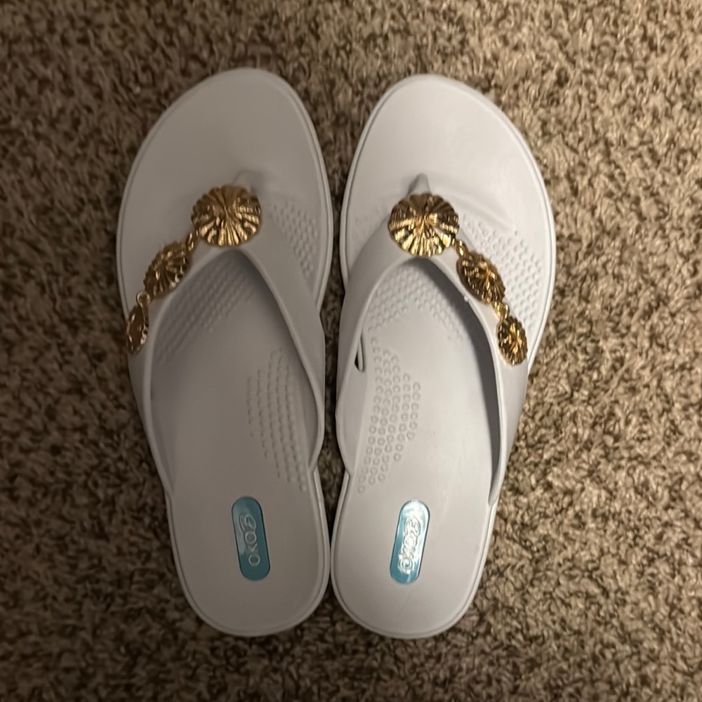 OKA b. White and Gold Sandals with Elegant Chain Detail